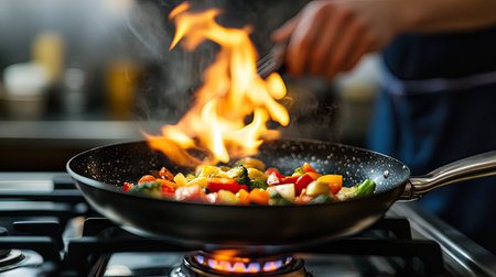 Flames rising from a pan while a chef expertly saut vegetables on a stovetop.の素材