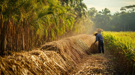 Farmer harvesting sugarcane in a tropical field, showcasing one of agriculture's key crops.の素材