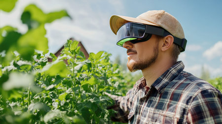 Farmer inspecting crops with augmented reality (AR) glasses, highlighting technology integration in agriculture.の素材