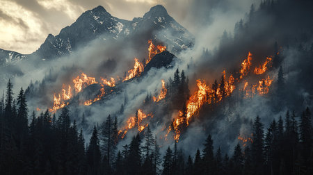 Forest fire spreading rapidly through a mountainous region, with flames climbing up rocky slopes and smoke rising high.の素材