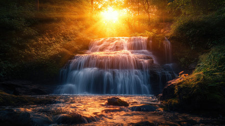Sunset illuminating a waterfall with warm, golden light, creating a stunning contrast against the surrounding nature.の素材