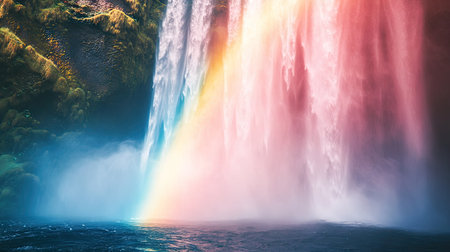 Rainbow forming in the mist of a thundering waterfall, with sunlight casting a colorful spectrum.の素材