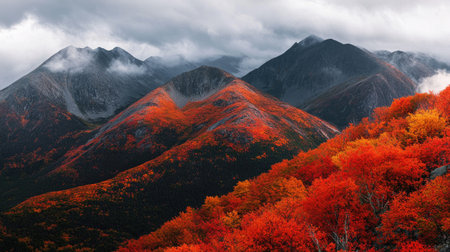 Mountain range covered in autumn foliage, with vibrant oranges and reds contrasting against the peaks.の素材