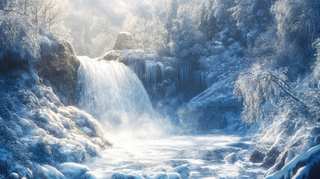 Snow-covered waterfall flowing through a winter landscape, with icicles and frost decorating the surroundings.の素材