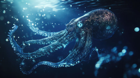 A dramatic shot of a giant squid in deep ocean waters, its large tentacles and bioluminescent features creating a mysterious and captivating scene.の素材