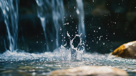 Close-up of water droplets splashing as a waterfall hits the surface of a tranquil pool below.の素材