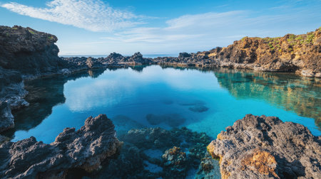 A tranquil blue lagoon surrounded by volcanic rocks under a clear sky.の素材