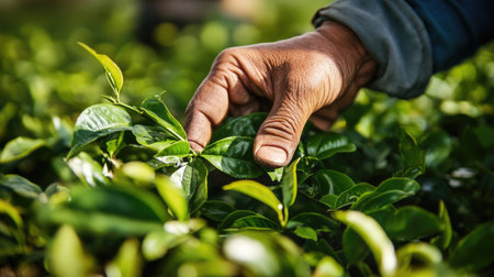 Close-up of fresh green tea leaves being handpicked in a tea plantation.の素材