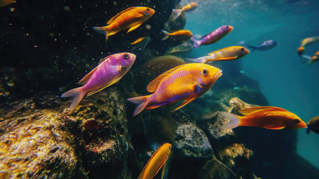 Colorful sea fish swimming near a rocky underwater structure, highlighting their natural habitat and vivid colorationの素材