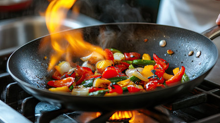 Flames rising from a pan while a chef expertly saut vegetables on a stovetop.の素材