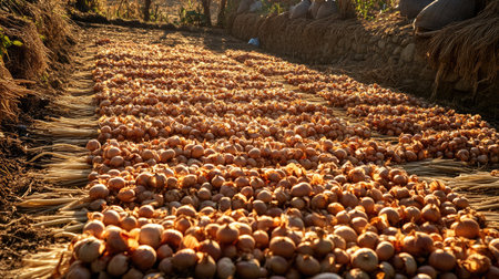 Harvested onions laid out to dry in the sun, part of the traditional agricultural process.の素材