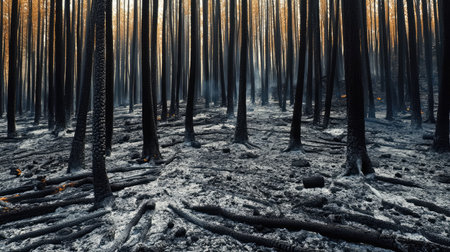Burned forest with blackened tree trunks and ash-covered ground, highlighting the extensive damage caused by the fireの素材