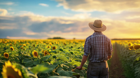 A young farmer working in a field of sunflowers, promoting modern farming practices.の素材