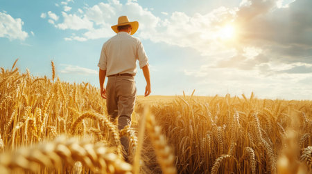 Farmer walking through a golden wheat field, inspecting the growth of crops under the bright sunlight.の素材