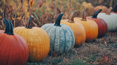Harvested pumpkins lined up in an autumn field, ready for the market.の素材