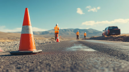 Traffic cones and a detour sign next to a road repair site, with workers in the background.の素材