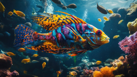 Underwater photograph of a striking sea fish with vivid colors, surrounded by schools of smaller fish and marine vegetation -の素材