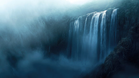 Waterfall cascading over a dramatic cliff edge, with mist rising and creating a mystical ambiance.の素材