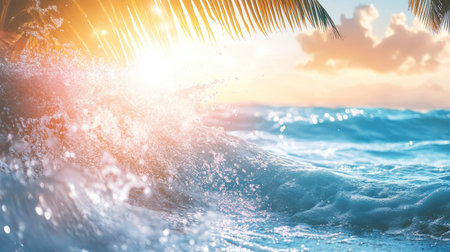 Waves splashing against a palm-fringed coastline, with turquoise water and a bright sun. -の素材
