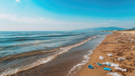 A beach with plastic pollution and rising tide lines. The clear sky and open beach areas create a powerful space for text addressing global warming.の素材