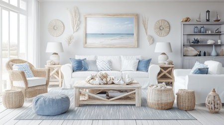 A beach-themed living room with light, airy decor, featuring white furniture, blue accents, and nautical elements like driftwood and seashells for a coastal vibe.の素材