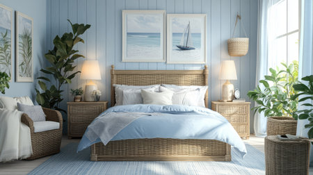 A beach-themed bedroom with light blue walls, wicker furniture, and nautical decor. The breezy atmosphere is perfect for a coastal getaway vibe.の素材