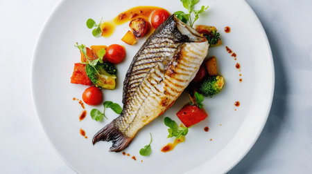 A beautifully plated sea bass dish with vegetables and sauce, set against a simple table backdrop. The clear space around the plate allows for text.の素材
