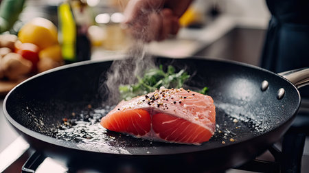 A bluefin tuna being cooked in a frying pan with a clear, uncluttered kitchen backdrop. The open space around the pan offers room for text.の素材