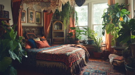 A bohemian-style bedroom with eclectic decor, including patterned textiles, a canopy bed, and an array of plants that give the space a relaxed, artistic vibe.の素材