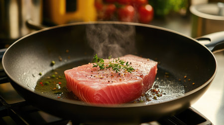 A bluefin tuna being cooked in a frying pan with a clear, uncluttered kitchen backdrop. The open space around the pan offers room for text.の素材