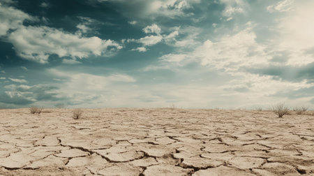 A barren, cracked earth with sparse vegetation, showing the effects of drought. The empty space in the sky and ground provides room for impactful copy.の素材