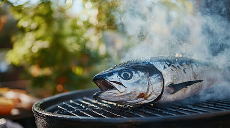 A bluefin tuna being grilled on a barbecue with a clear outdoor setting in the background. The unobstructed space around the fish provides room for text.の素材