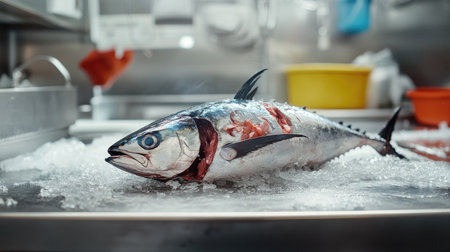 A bluefin tuna being filleted on a kitchen counter with a clean, bright background. The open space around the fish allows for easy addition of text.の素材