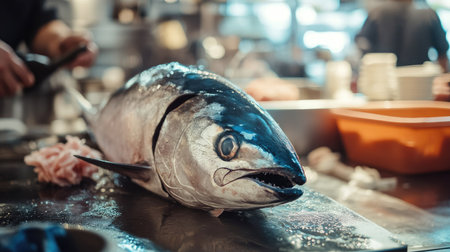 A bluefin tuna being filleted on a kitchen counter with a clean, bright background. The open space around the fish allows for easy addition of text.の素材