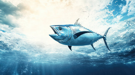 A bluefin tuna being caught on a fishing line with an open, natural water background. The clear space around the fish is ideal for adding text.の素材