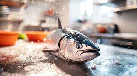 A bluefin tuna being filleted on a kitchen counter with a clean, bright background. The open space around the fish allows for easy addition of text.の素材
