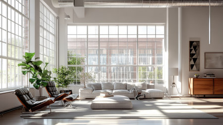A bright loft living room with large windows, exposed ductwork, and an open floor plan that maximizes space and natural light, featuring contemporary furnishings.の素材
