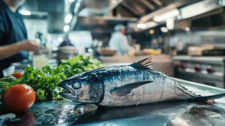 A bluefin tuna being prepared in a modern kitchen with a clean, open background. The ample space around the preparation area is perfect for text.の素材
