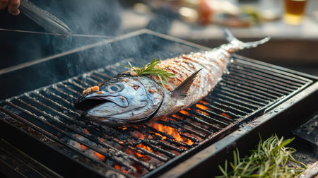 A bluefin tuna being grilled on a barbecue with a clear outdoor setting in the background. The unobstructed space around the fish provides room for text.の素材