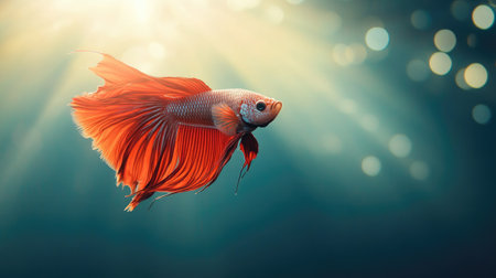 A betta fish flaring its fins in a beautifully lit aquarium. The clean, empty water background around the fish offers ample copy space.の素材