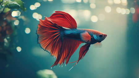 A betta fish with its fins spread wide in a spacious tank. The large, unobstructed background provides ample area for text.の素材