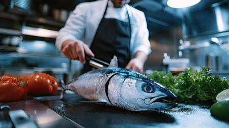 A bluefin tuna being prepared by a chef in a modern kitchen, with a clean, uncluttered background. The clear space around the fish allows for easy text addition.の素材
