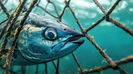 A bluefin tuna in a fishing net with a natural water setting in the background. The clear space around the fish allows for easy text placement.の素材