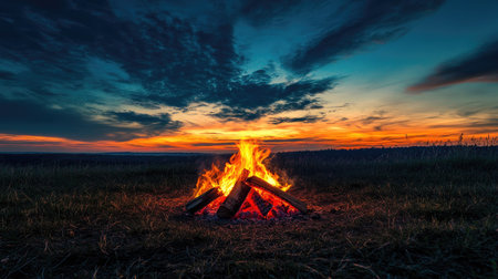 A campfire burning brightly in a serene outdoor setting with a vast sky above. The open space around the fire is perfect for adding text.の素材