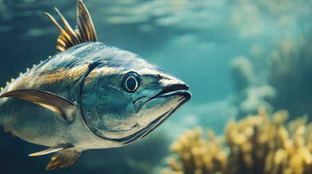 A close-up of a bluefin tuna swimming in clear water, with a blurred background. The unobstructed space around the fish provides a great area for text.の素材