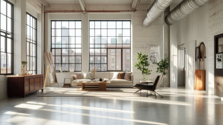 A bright loft living room with large windows, exposed ductwork, and an open floor plan that maximizes space and natural light, featuring contemporary furnishings.の素材