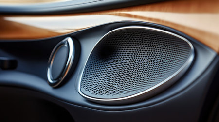 A car's custom speaker system integrated into the door panel. The clean lines and ample surrounding space provide an ideal canvas for text.の素材