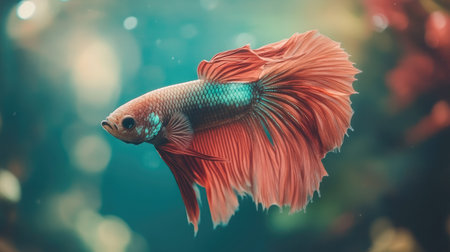 A close-up of a betta fish with its fins extended in a tank. The surrounding water and background are clear, ideal for adding text.の素材
