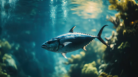 A bluefin tuna swimming in its natural habitat with a clear, unobstructed underwater background. The space around the fish is ideal for adding copy.の素材