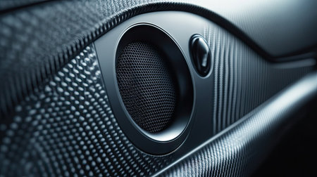 A close-up of a car door panel with a high-quality speaker installed. The sleek design and ample blank space around the speaker make room for copy.の素材